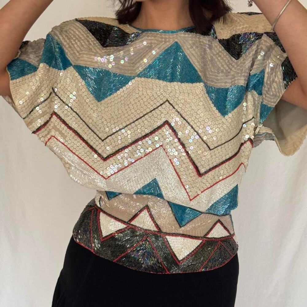 Vtg rare 80s Neil bieff 100% silk beaded sequin top